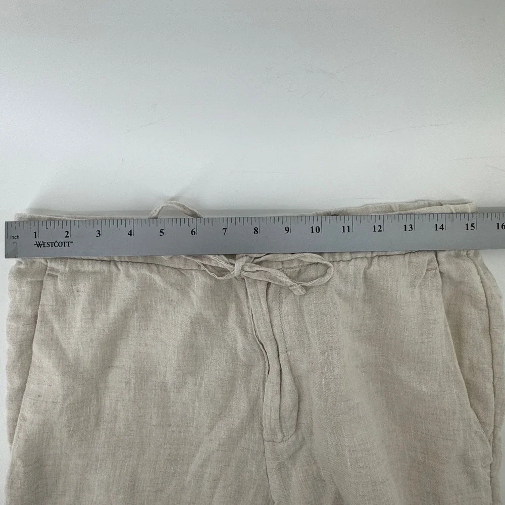 H&M Linen Relaxed Tapered Pants Women 32R Beige Drawstring High Rise Cropped‎